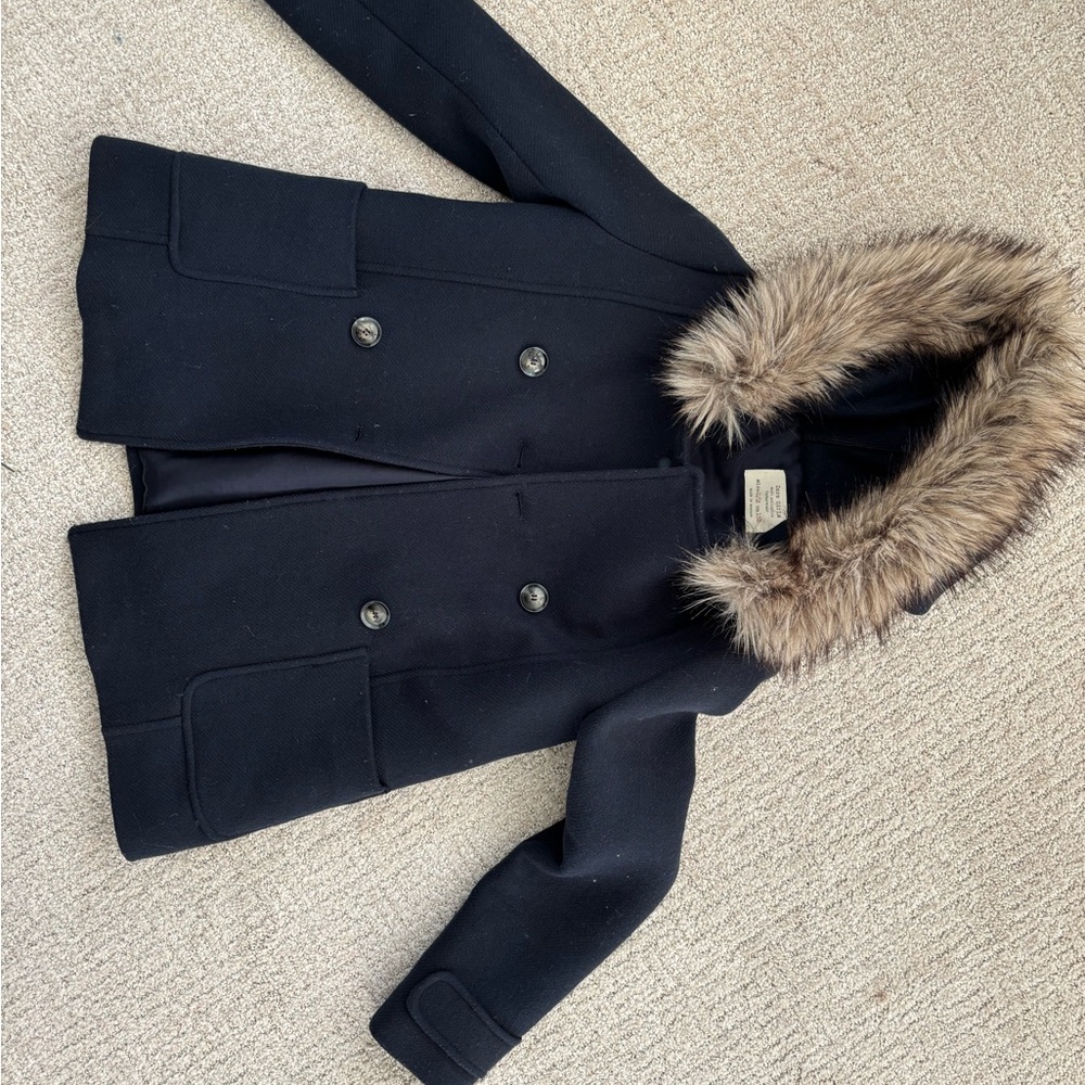 Navy Coat with Faux Fur Collar